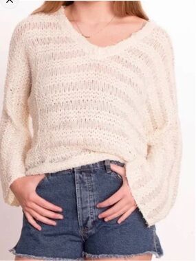 ELAN Oversized Crochet V-neck Flare Sleeve Open Knit Sweater, Medium